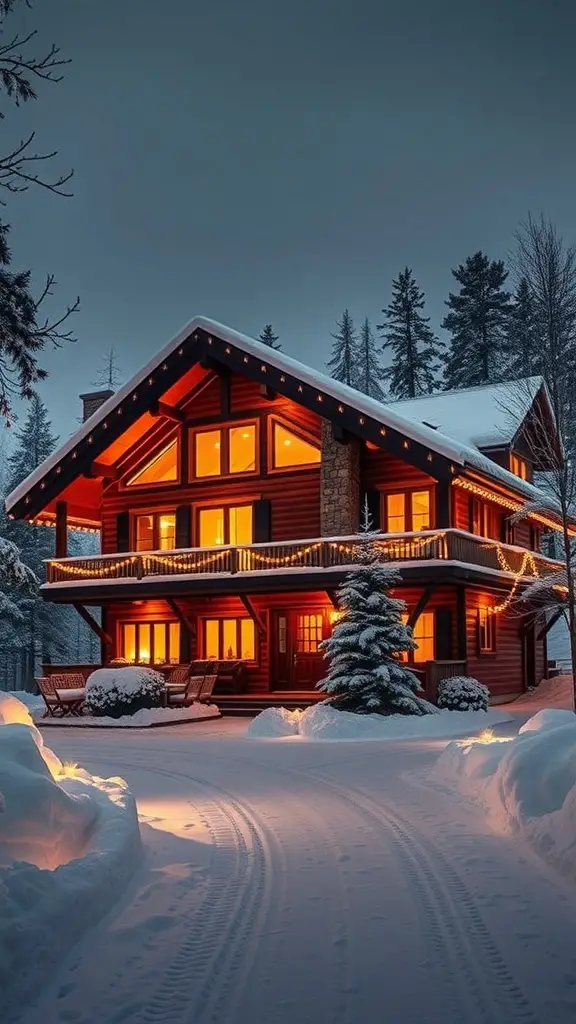 A cozy chalet mansion exterior in winter, surrounded by snow and illuminated by warm lights.