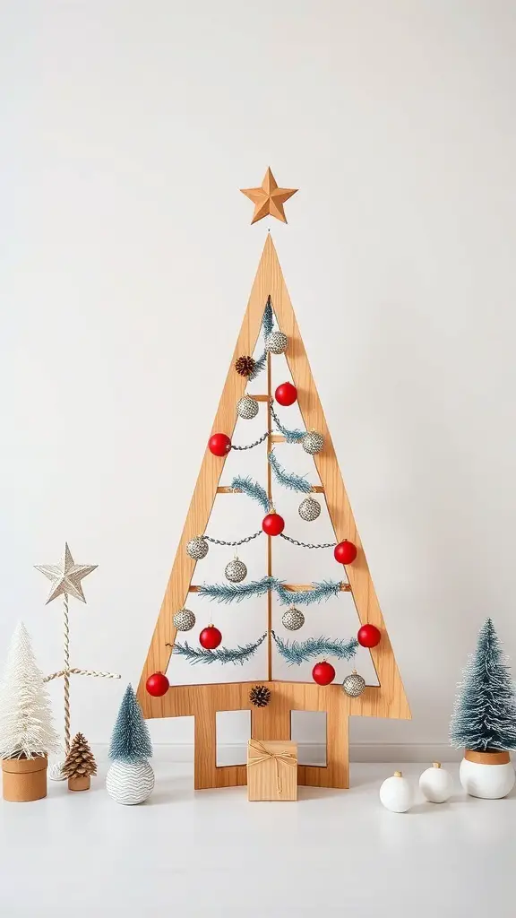 A modern geometric wooden Christmas tree decorated with red ornaments and faux greenery, surrounded by small decorative items.