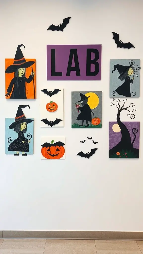 Colorful Halloween-themed wall art featuring witches, pumpkins, and bats.