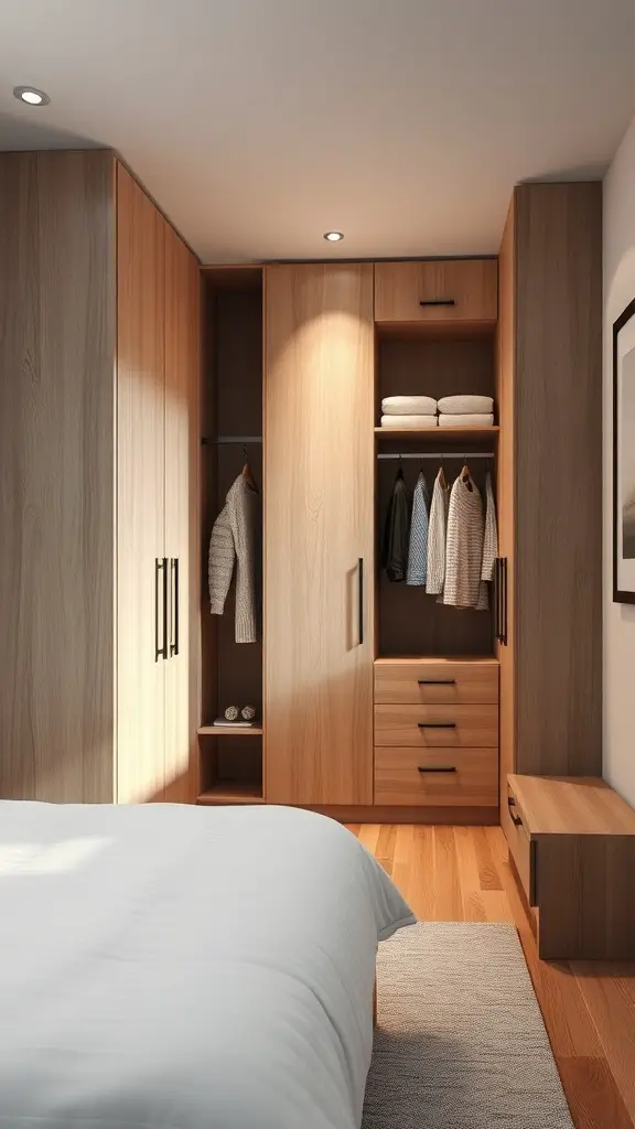 A small bedroom featuring a built-in wardrobe with wooden finish, showcasing organized storage space.