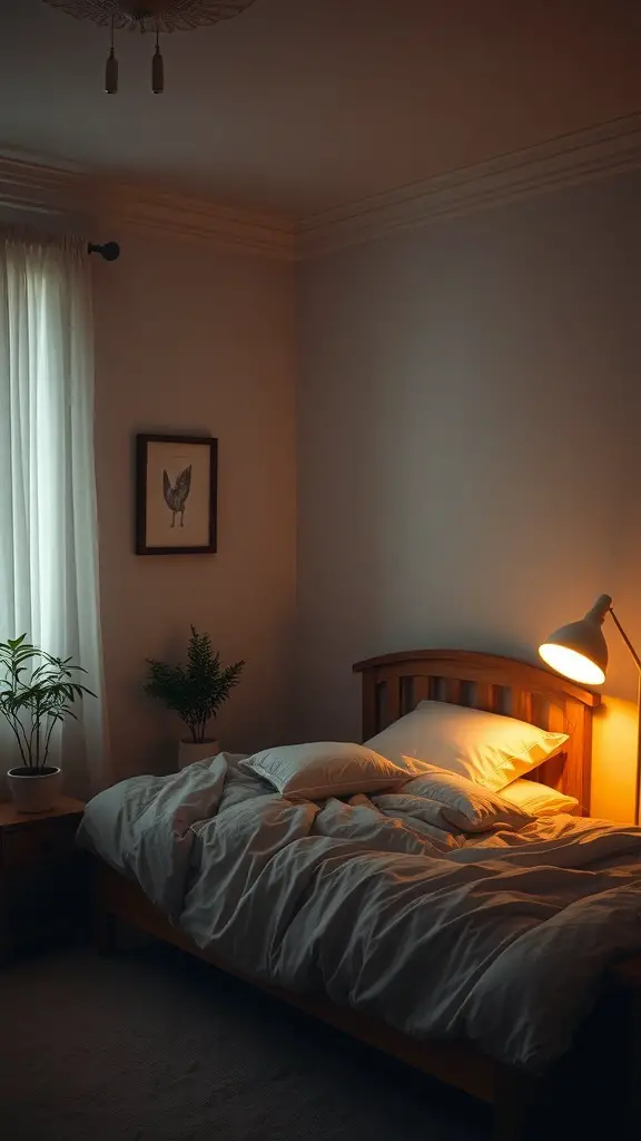 27+ Inspiring Spanish Mediterranean Bedroom Ideas for Your Home 10 A cozy bedroom with soft lighting, featuring a wooden bed, fluffy pillows, and plants.