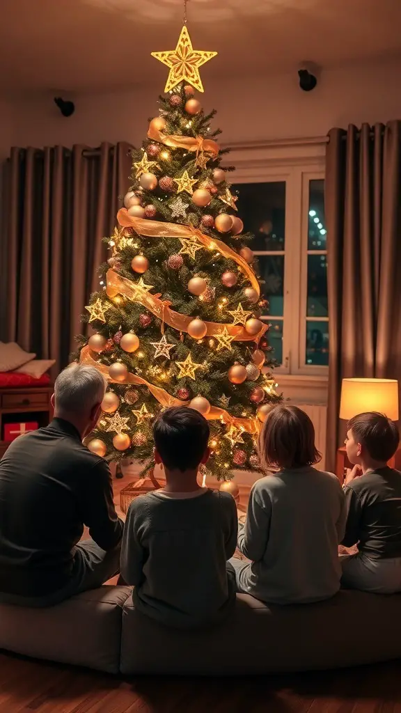 A family gathered around a beautifully decorated brown Christmas tree with golden ornaments on Christmas Eve.