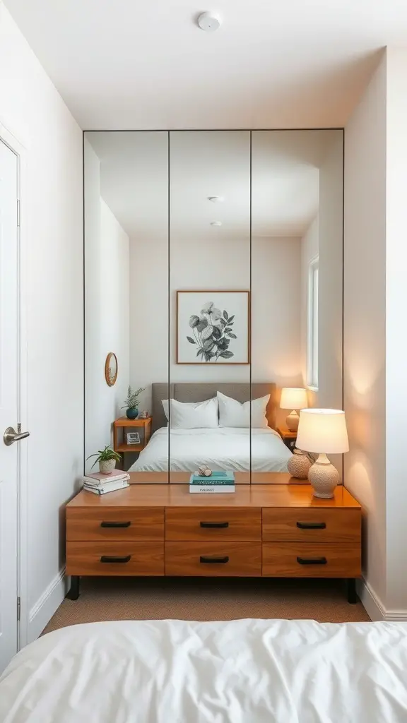 27+ Inspiring Small Bedroom Arrangement Ideas for Maximizing Space 9 A small bedroom featuring a mirrored wardrobe, a cozy bed, and stylish decor.