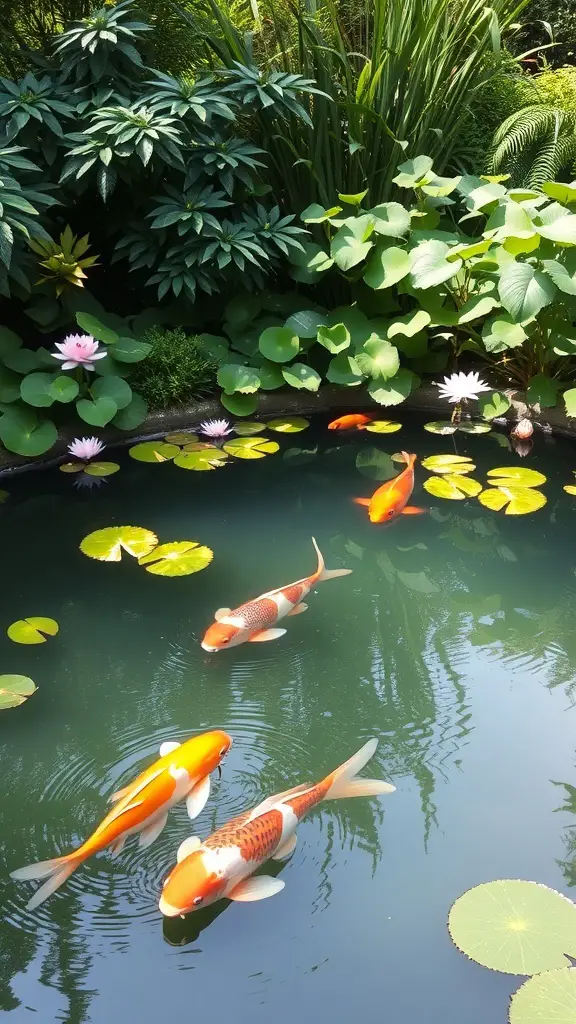 A tranquil koi pond with colorful koi fish and water lilies surrounded by lush greenery.