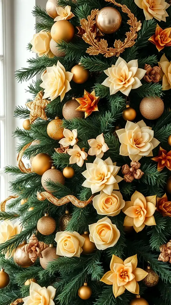 Christmas tree decorated with gold and cream floral accents
