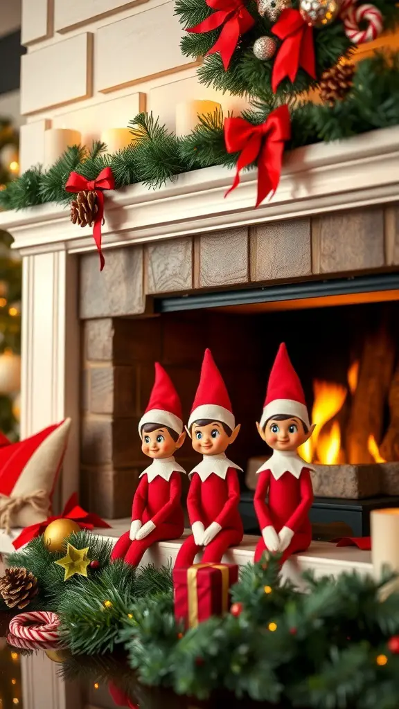 Three whimsical elf figurines in red outfits sitting on a fireplace mantel decorated for Christmas.