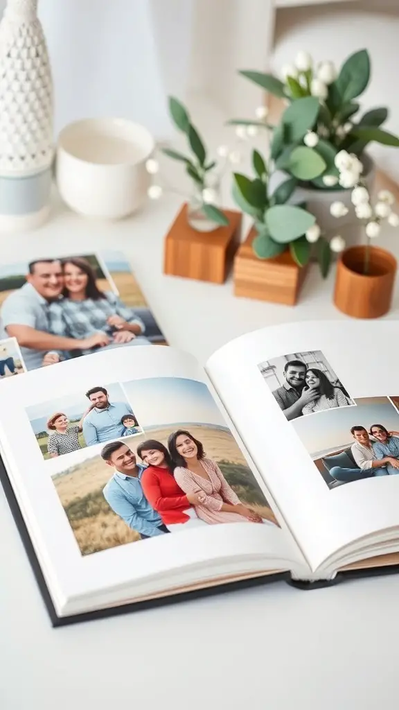 33+ Thoughtful Gifts Your Sister Will Adore 5 A customized photo album open on a table, showcasing various family photos.