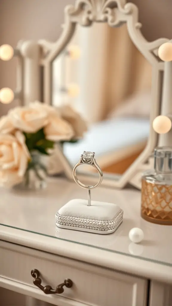 An elegant engagement ring holder featuring a diamond ring on a soft cushion, surrounded by flowers and a mirror.
