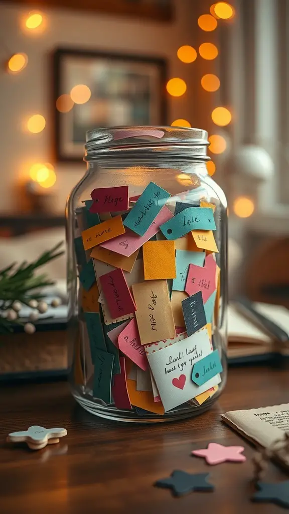 A jar filled with colorful notes and memories, surrounded by warm lights.