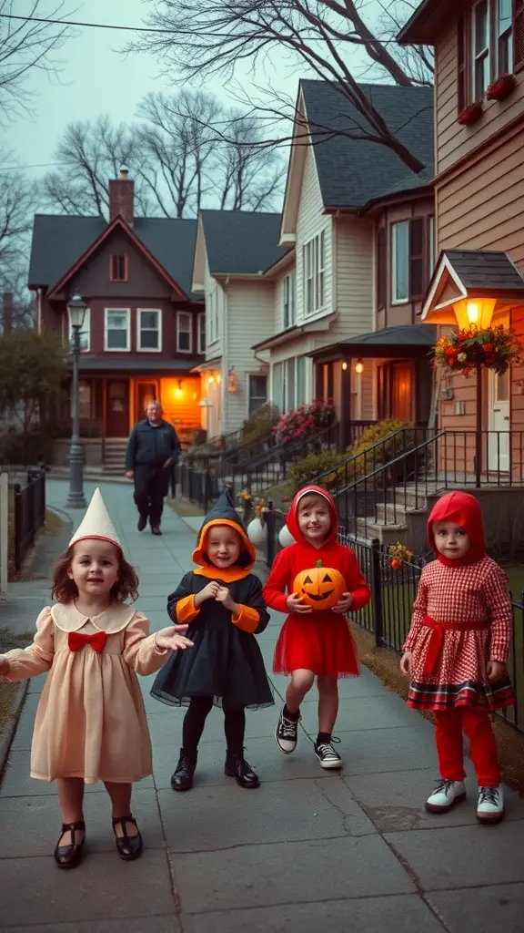 Children in Halloween costumes trick-or-treating on a neighborhood street.