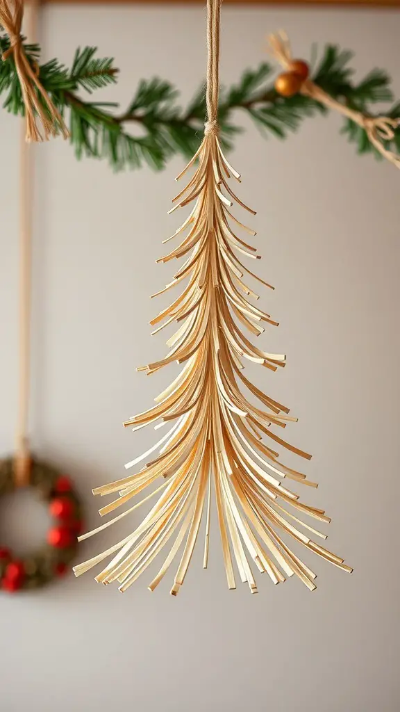 A hanging wooden tree made from thin strips of wood, showcasing a delicate design.