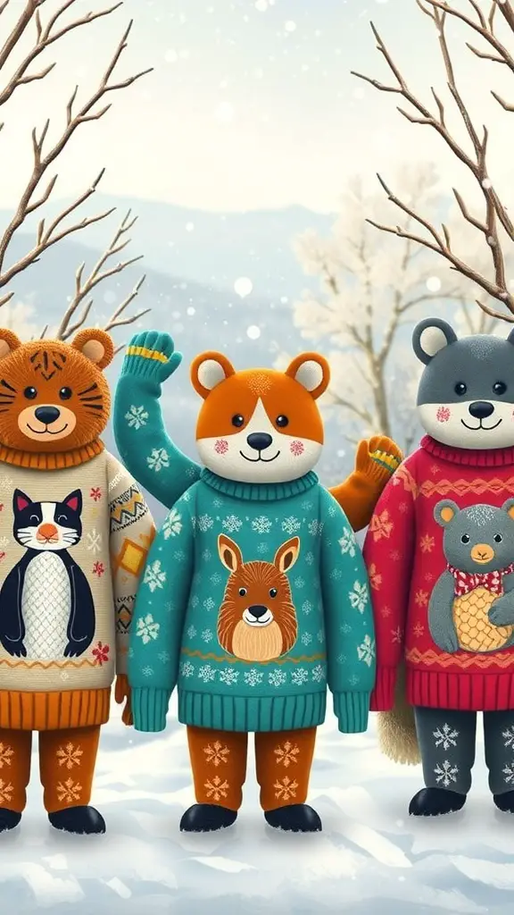 Three anthropomorphic animals in colorful Christmas sweaters, standing in a snowy landscape.