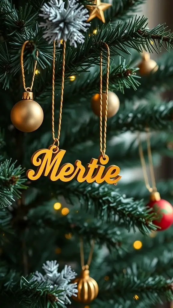 Personalized gold name tag hanging on a Christmas tree