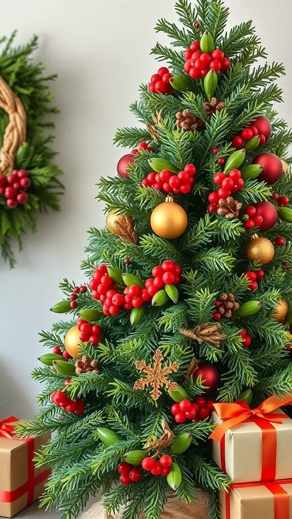 A decorated Yule Christmas tree with red berries, green leaves, and ornaments, surrounded by wrapped gifts.