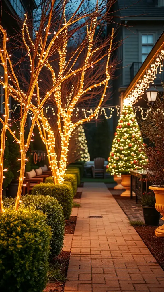 A pathway lined with twinkling fairy lights and a decorated Christmas tree