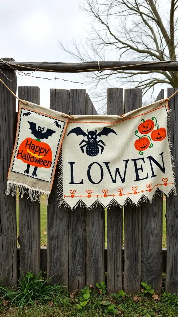 Two primitive fabric banners hanging on a wooden fence, one saying 'Happy Halloween' and the other displaying the name 'LOWEN' with Halloween-themed designs.