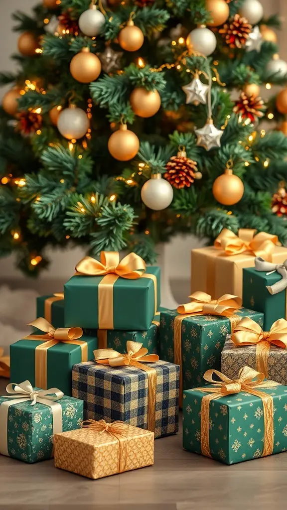 A green and gold themed Christmas tree with beautifully wrapped gifts underneath.