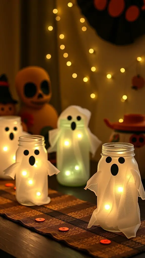 Mason jar ghosts with LED lights glowing softly, creating a spooky yet inviting atmosphere
