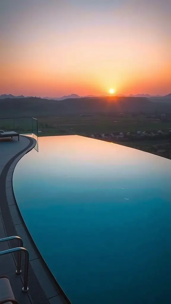 An infinity edge pool overlooking a sunset with mountains in the background.