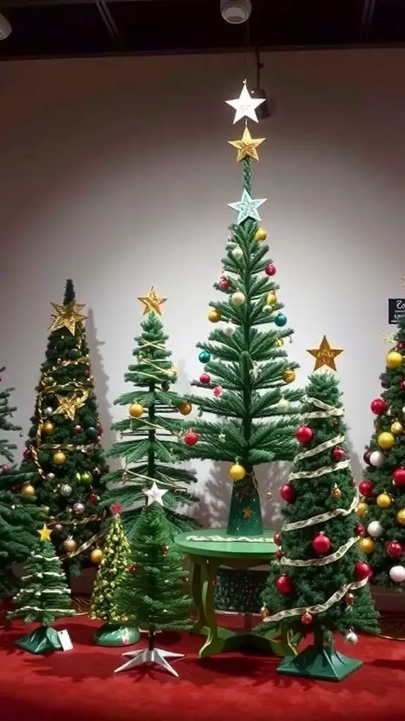 A display of various 1950s Christmas trees with colorful decorations.