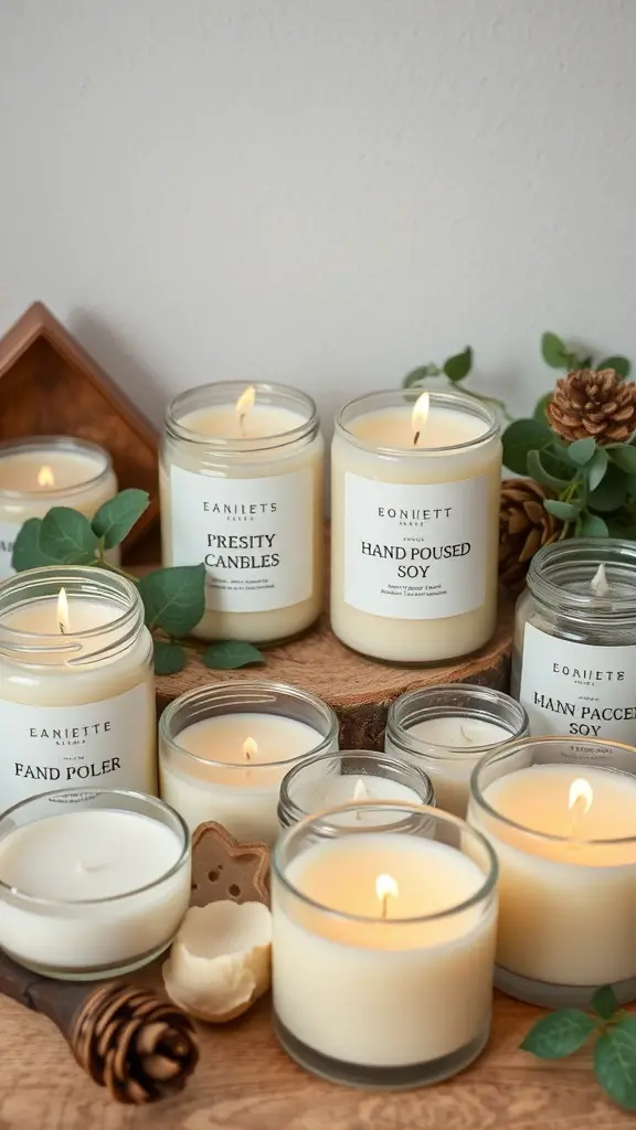 An assortment of hand-poured soy candles in various jars, some lit, with decorative elements around them.