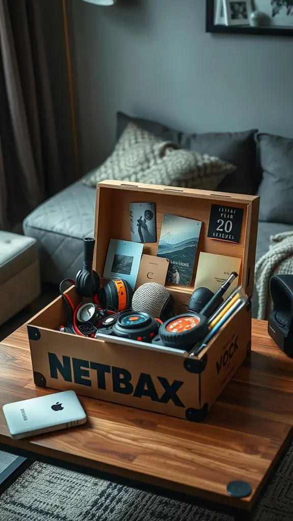 23+ Unique 2 Year Anniversary Gifts for Him 14 A subscription box filled with gadgets and accessories on a wooden table.