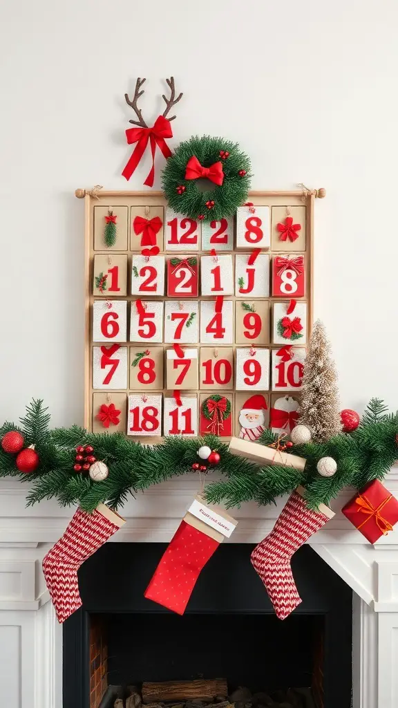 A decorative advent calendar with numbered boxes, festive ornaments, and stockings.