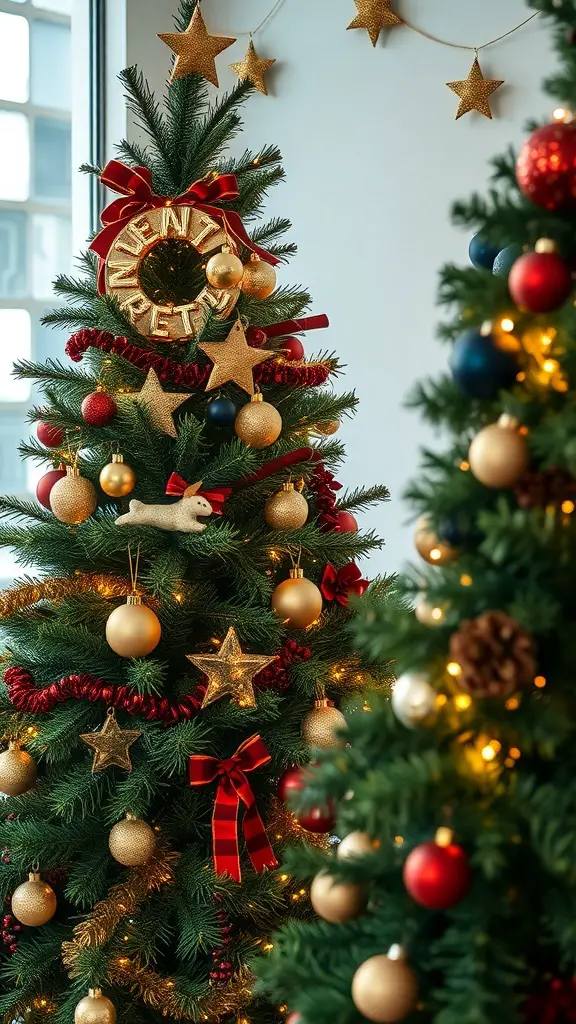 A beautifully decorated Christmas tree with gold and red ornaments, twinkling lights, and a festive atmosphere.