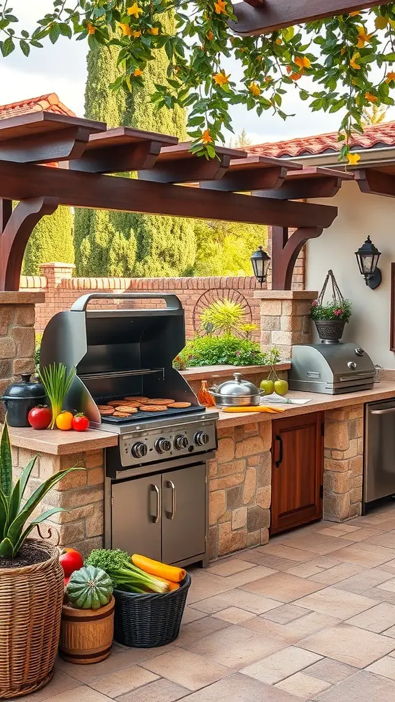 29+ Stunning Tuscan Patio Ideas for Your Outdoor Oasis 15 Outdoor cooking area in a Tuscan patio with a grill, fresh vegetables, and a shaded pergola.