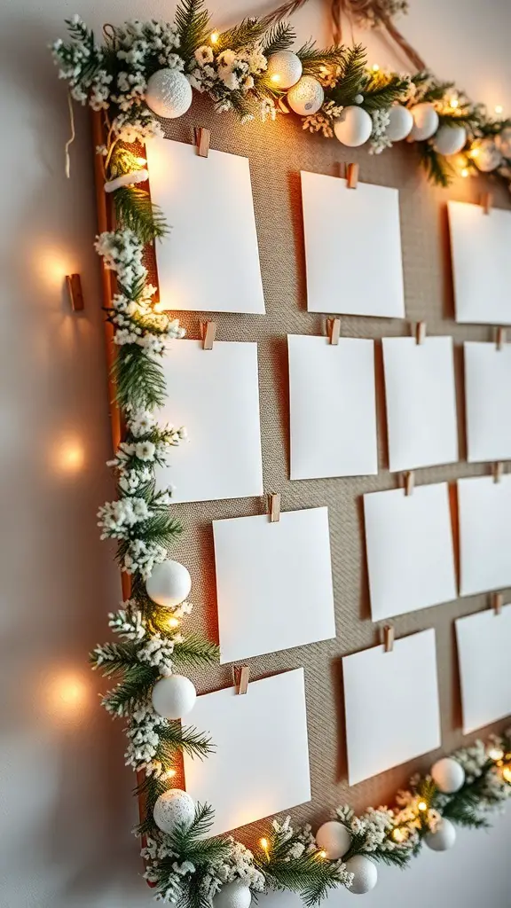 A white Christmas card display with blank cards, greenery, and string lights.
