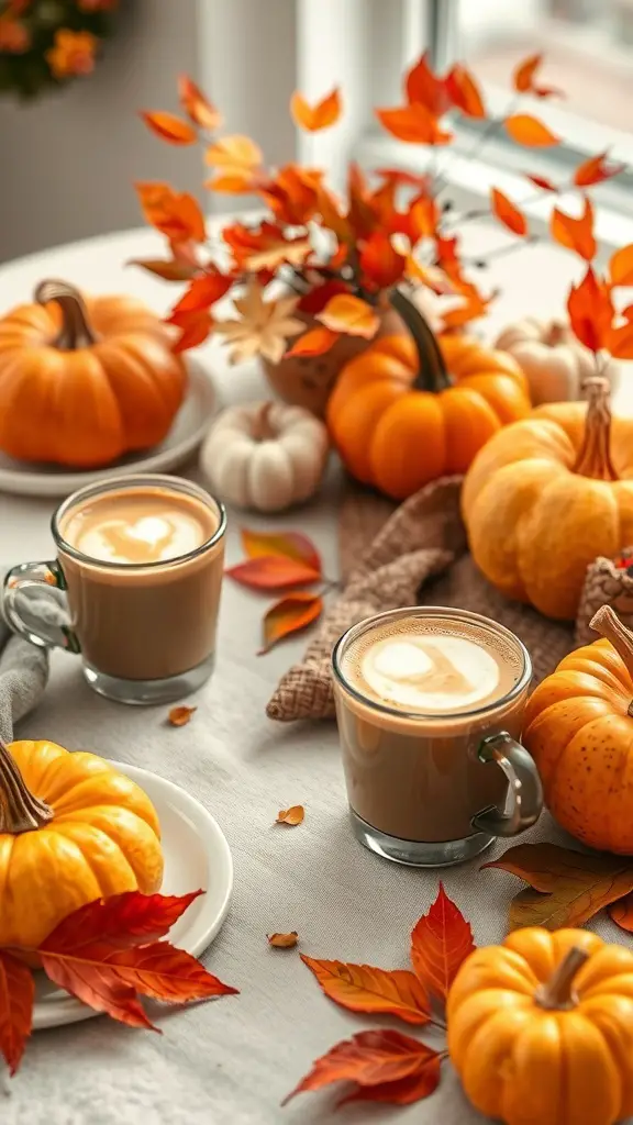 A cozy autumn scene with pumpkins, autumn leaves, and two mugs of pumpkin spice latte on a table.
