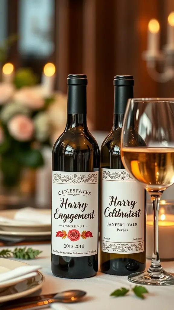 27 Thoughtful Engagement Gifts Your Friends Will Love 10 Two wine bottles with personalized labels for an engagement celebration.