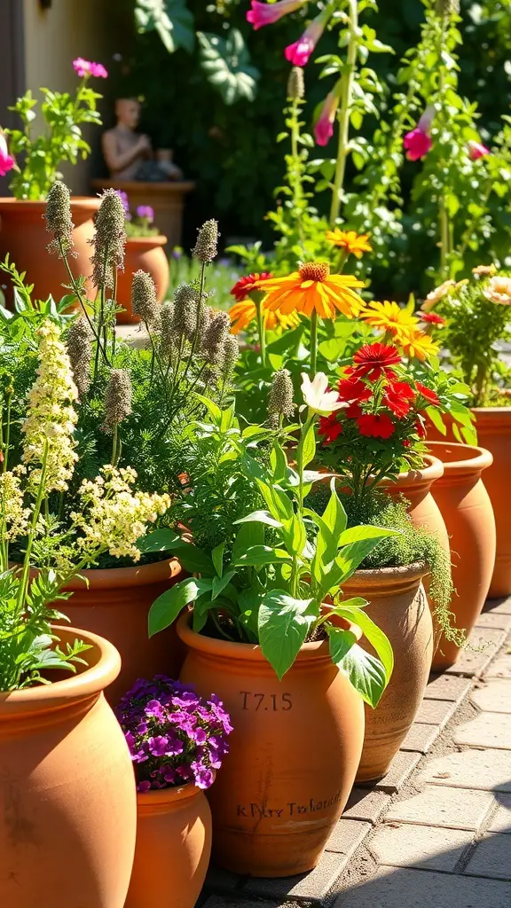 29+ Inspiring Tuscan Garden Ideas for Your Outdoor Oasis 7 A collection of terracotta pots filled with colorful flowers and greenery in a sunny garden.