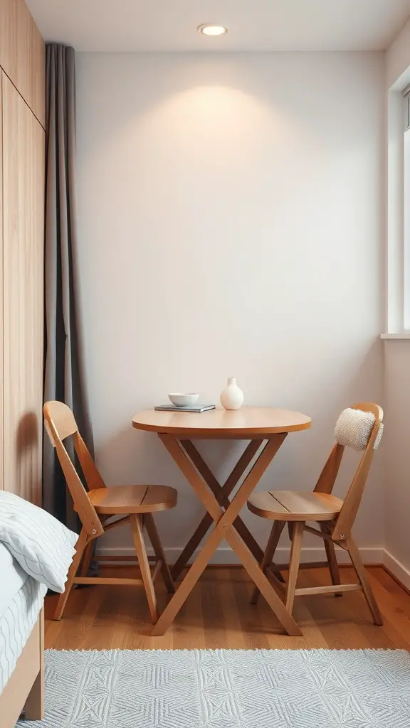 A small wooden round table with two foldable chairs in a cozy bedroom setting.