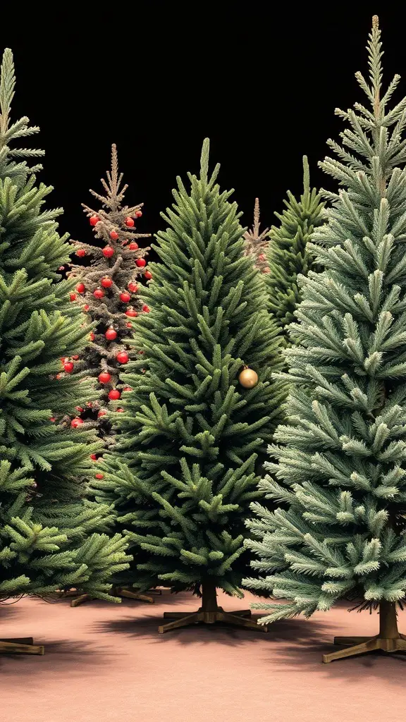 A collection of Christmas trees from the 1950s, showcasing various types and decorations.