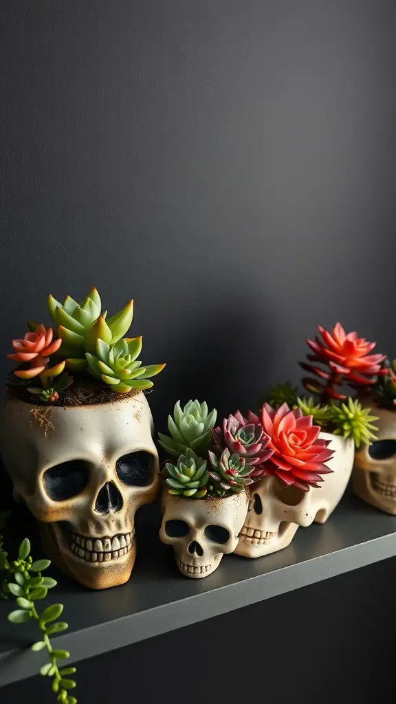 Decorative skull planters with colorful succulents on a shelf.