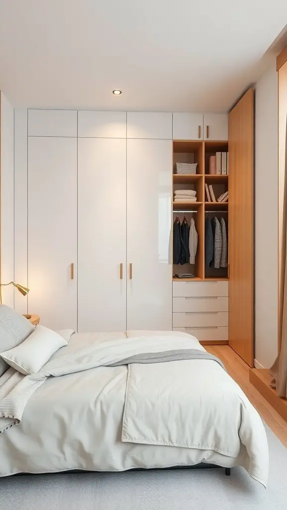 27+ Creative Tiny Bedroom Ideas for Maximum Style and Functionality 10 A modern tiny bedroom featuring built-in wardrobes with a mix of white and wood finishes.