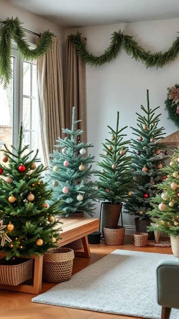 Cozy room with multiple small Christmas trees decorated with ornaments and lights.