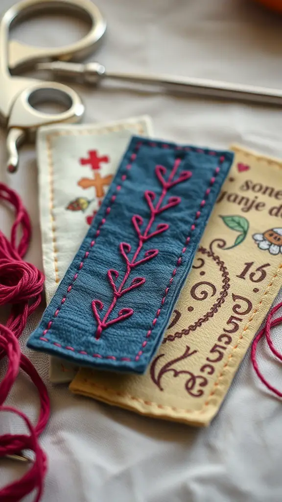 27+ Creative Fabric Bookmark Ideas to Elevate Your Reading Experience 14 A collection of handmade fabric bookmarks with colorful designs and stitching, alongside sewing tools.