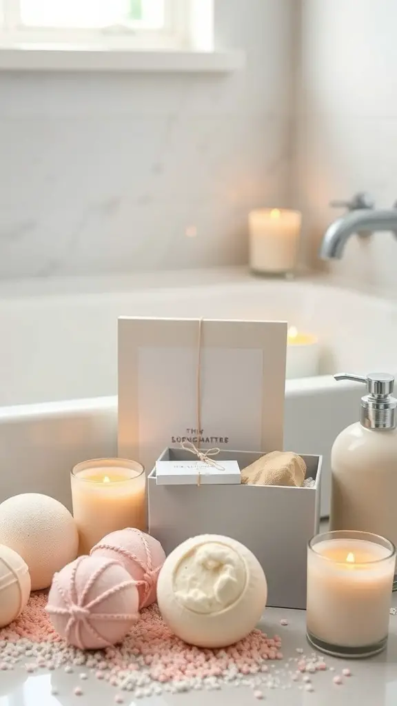 15 Unique Bridesmaid Gift Ideas to Show Your Appreciation 6 A serene spa gift set featuring bath bombs, candles, and a decorative box, perfect for relaxation.