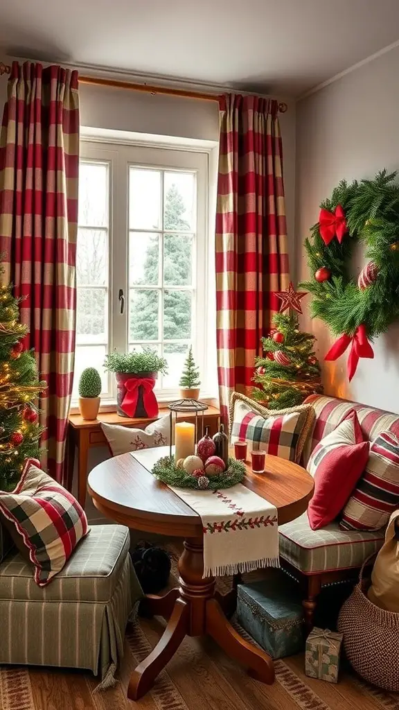 Cozy Christmas corner with striped curtains, festive cushions, and a decorated table.