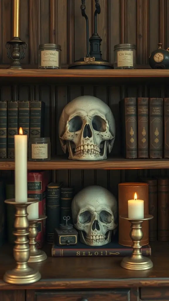 A vintage-inspired display featuring skulls, candles, and old books on a wooden shelf.