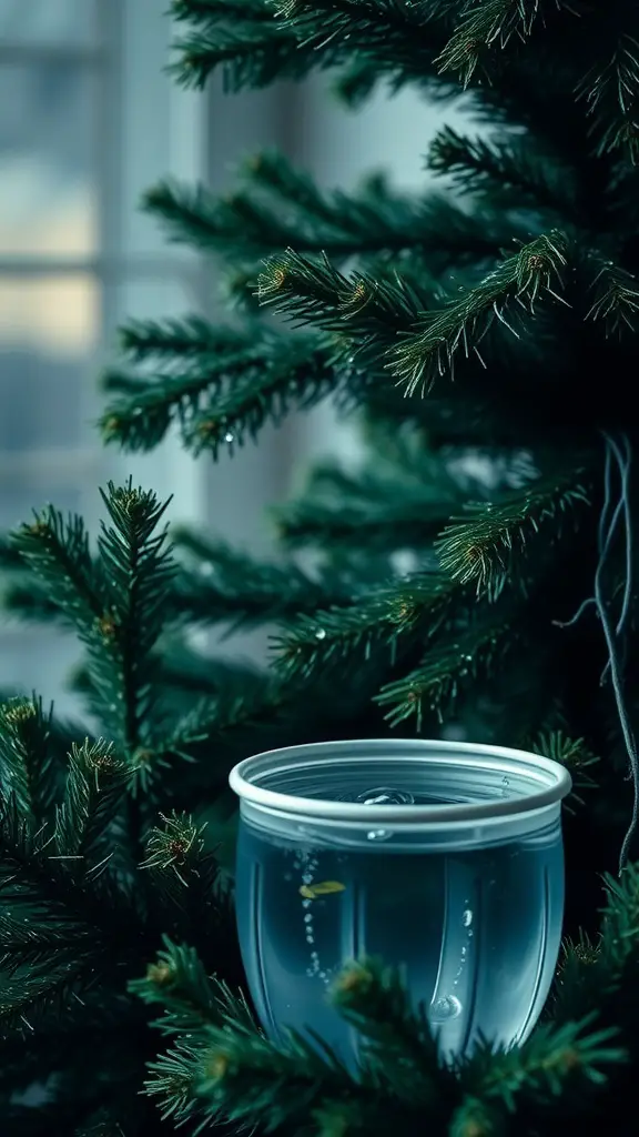 A dark green Christmas tree with a water container at its base.