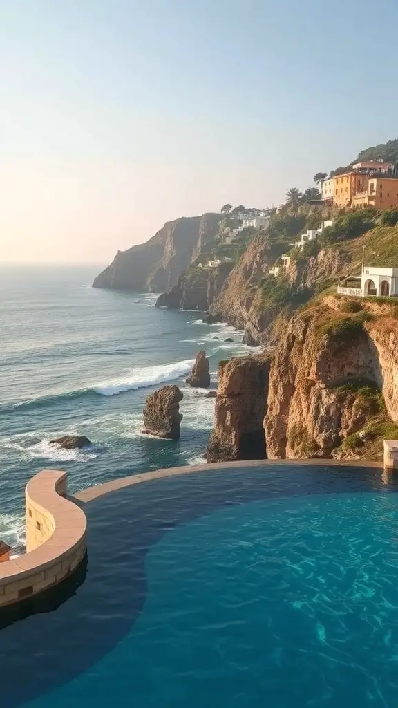 25+ Stunning Mediterranean Pool Designs to Enhance Your Outdoor Oasis 11 A Mediterranean pool overlooking scenic coastal cliffs and the sea