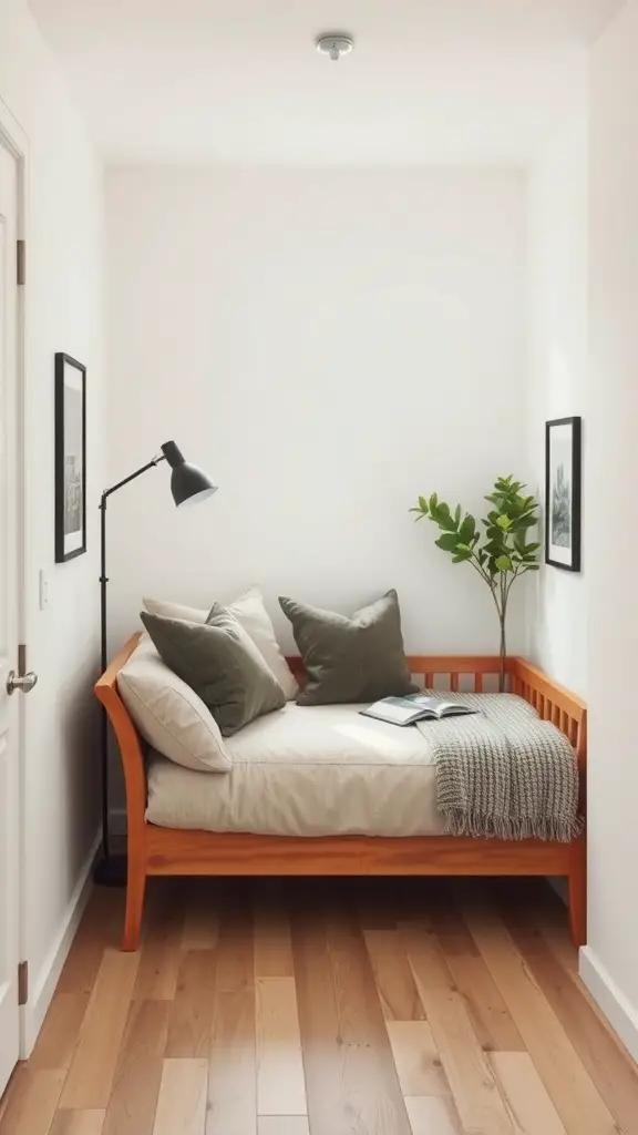 31+ Genius Narrow Bedroom Ideas to Maximize Space 16 A cozy daybed in a narrow bedroom corner with soft cushions and a lamp.