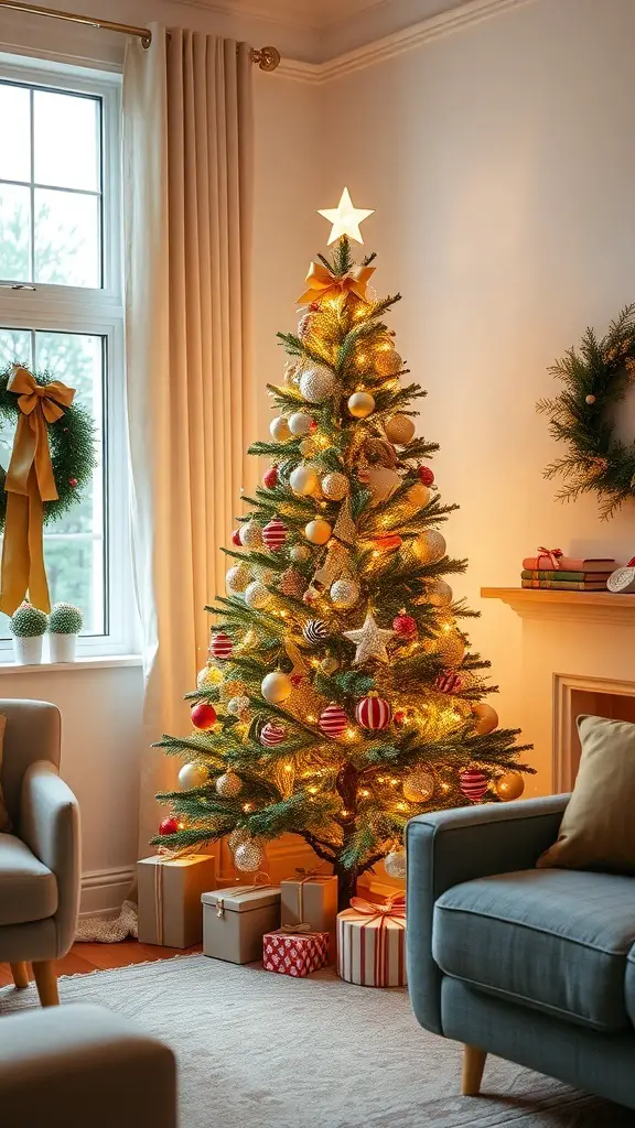 A beautifully decorated golden Christmas tree in a cozy living room setting.