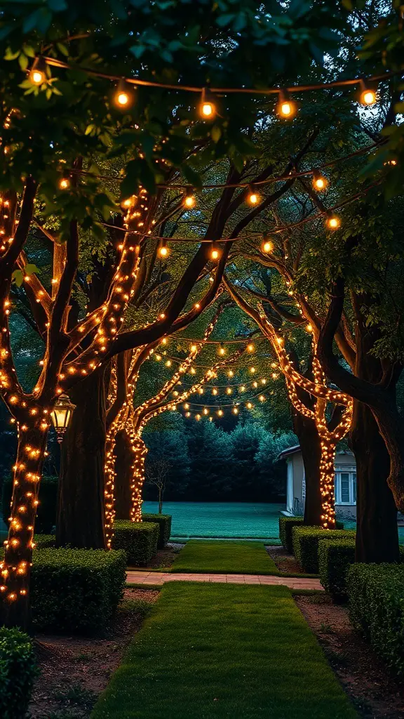 29+ Inspiring Tuscan Garden Ideas for Your Outdoor Oasis 10 A beautifully lit pathway in a garden with string lights and lanterns.