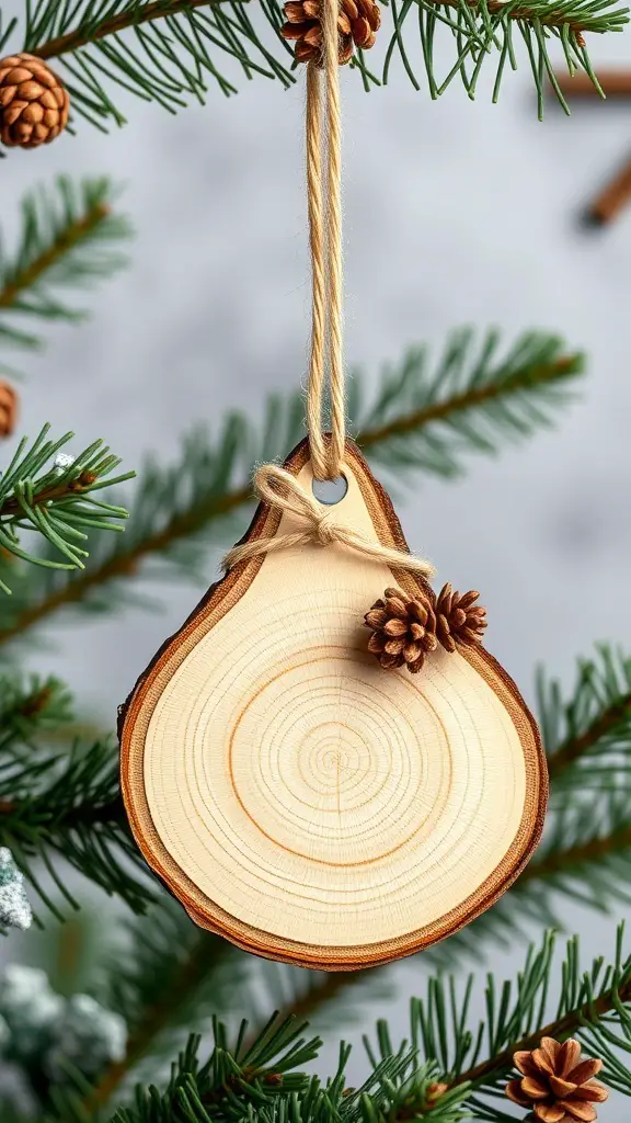 A wood slice ornament hanging on a Christmas tree, decorated with a pinecone and twine.
