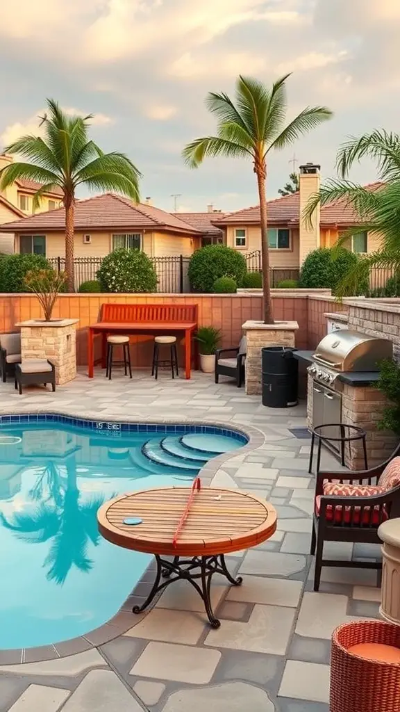 A beautiful private pool area with seating, grill, and palm trees.