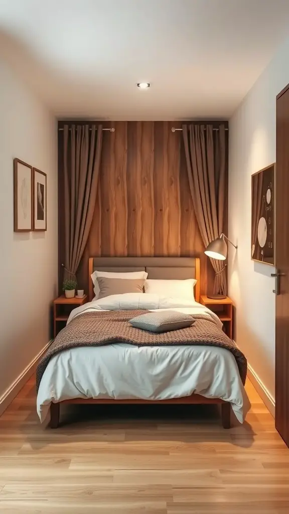 35+ Cozy Tiny Bedroom Ideas for Couples: Maximize Your Space Together 9 Cozy tiny bedroom with a compact bed, warm tones, and simple decor.